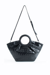 Textured Pu Leather Top Handle Tote Bag - Black