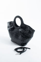 Textured Pu Leather Top Handle Tote Bag - Black