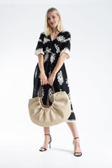 Woven PU Leather Slouchy Tote with Beaded Strap 2PCS Set - Cream