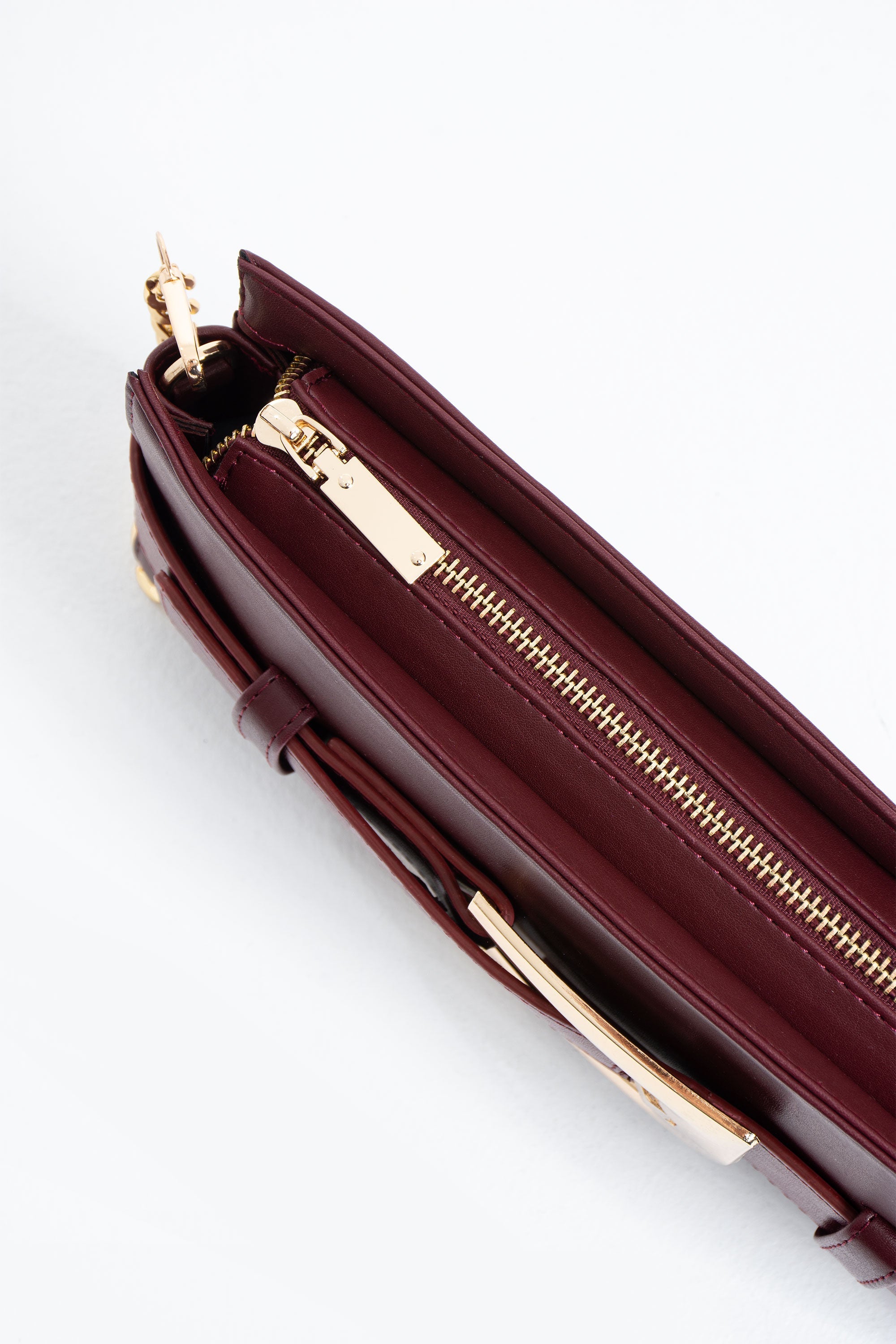 PU Leather Shoulder & Clutch Bag with Large Gold Buckle - Burgundy