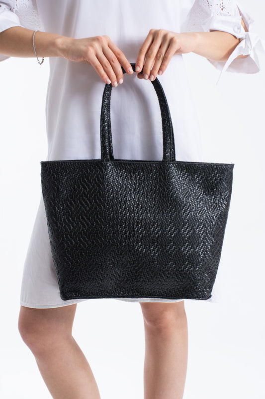Woven Pu Leather Tote Bag with Matching Zipper Pouch 2PCS Set - Black
