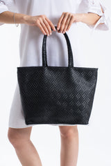 Woven Pu Leather Tote Bag with Matching Zipper Pouch 2PCS Set - Black