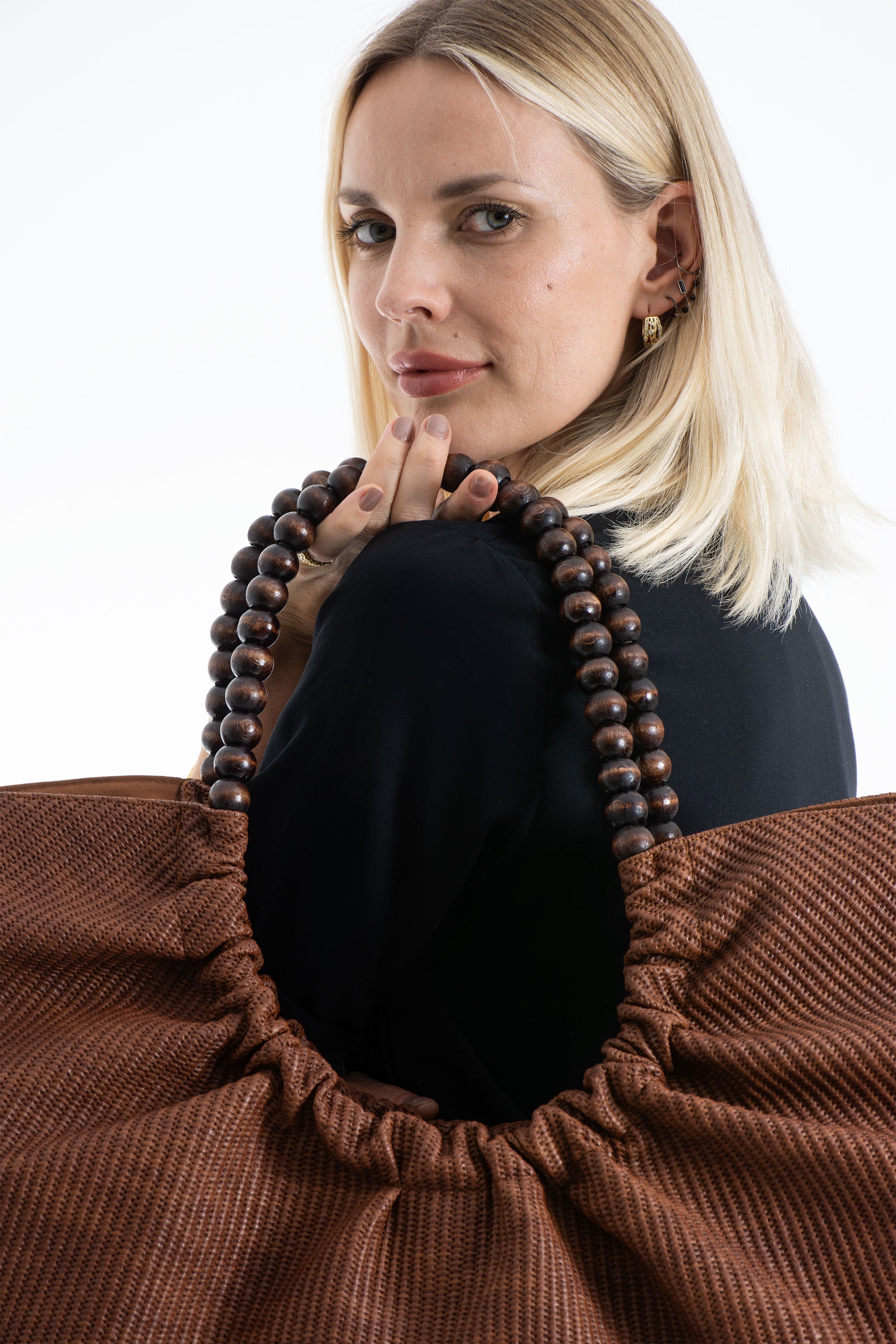 Woven PU Leather Slouchy Tote with Beaded Strap 2PCS Set - Brown