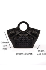 Textured Pu Leather Top Handle Tote Bag - Black