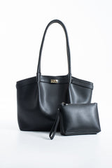 Large PU Leather Shopper Tote Bag with Matching Pouch - Black