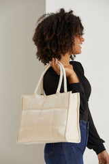 Quilted Pu Leather Tote Bag with Detachable Strap - Cream
