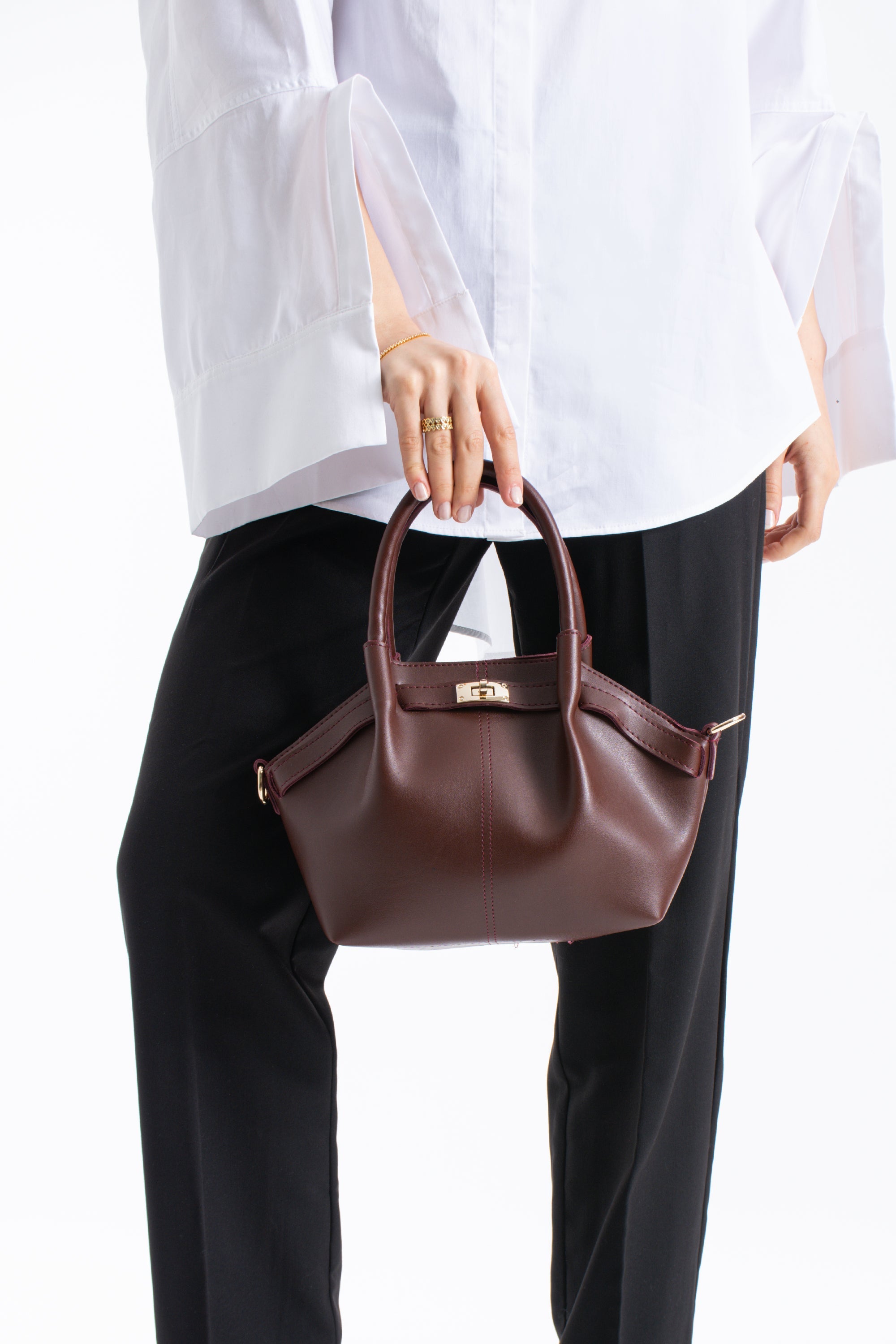 Pu Leather Top Handle Crossbody Bag with Twist Lock Detail - Burgundy