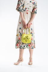 Floral Satin Handbag with Detachable Crossbody Strap - Lime