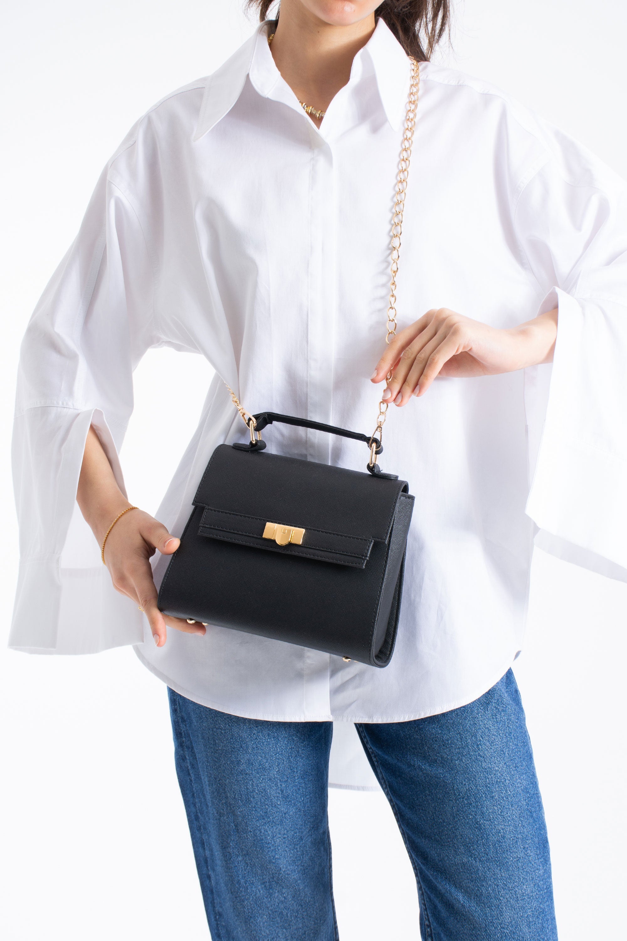 Pu Leather Top Handle Satchel Crossbody Bag - Black