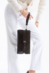 Crinkle Patent Flap Closure Wristlet & Clutc&Crossbody  3-in-1 Handbag - Brown