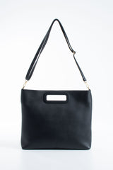 Handle Detail Pu Leather Large Handbag with Detachable Strap - Black