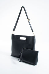 Handle Detail Pu Leather Large Handbag with Detachable Strap - Black