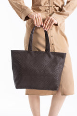 Woven Pu Leather Tote Bag with Matching Zipper Pouch 2PCS Set - Brown