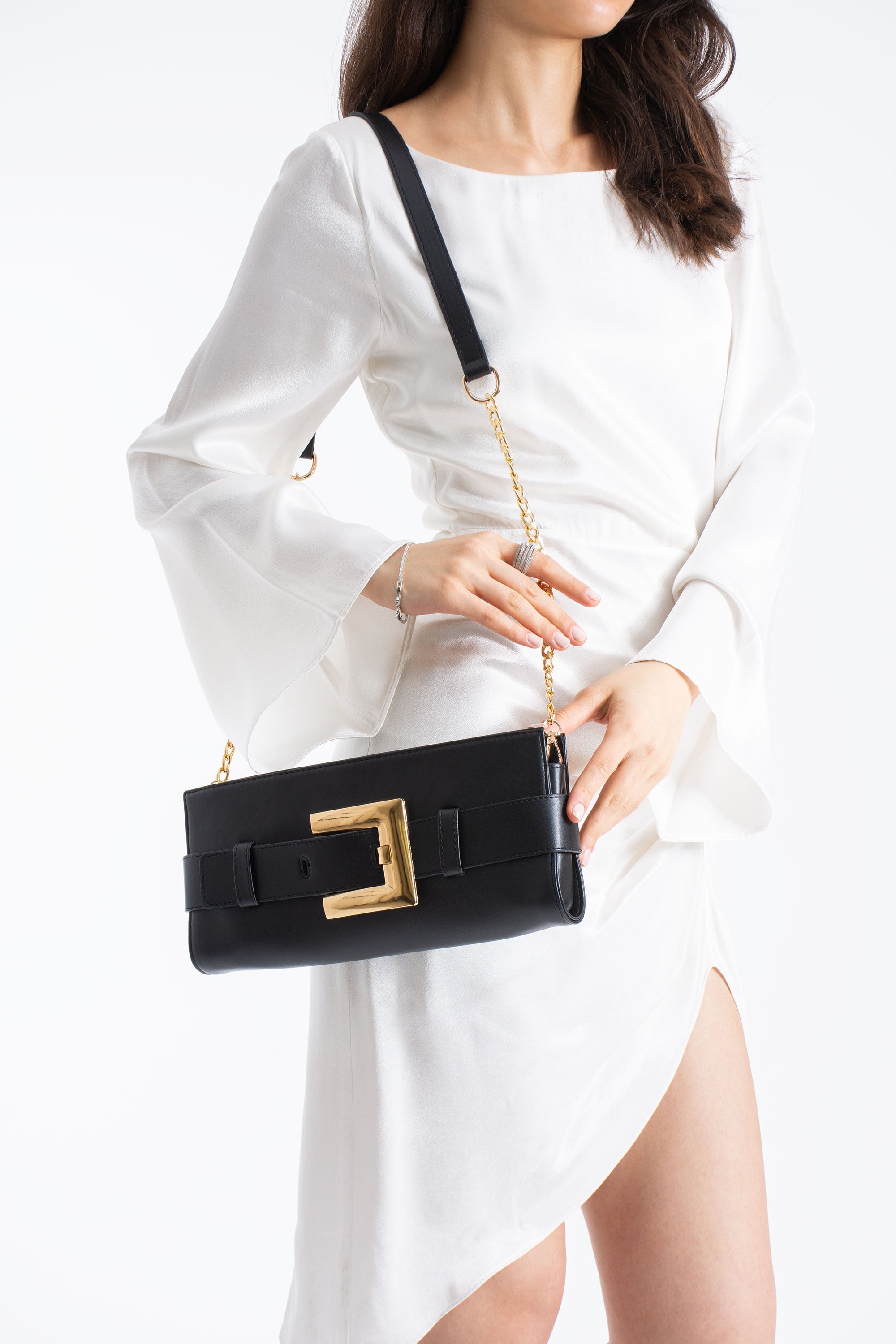 PU Leather Shoulder & Clutch Bag with Large Gold Buckle - Black