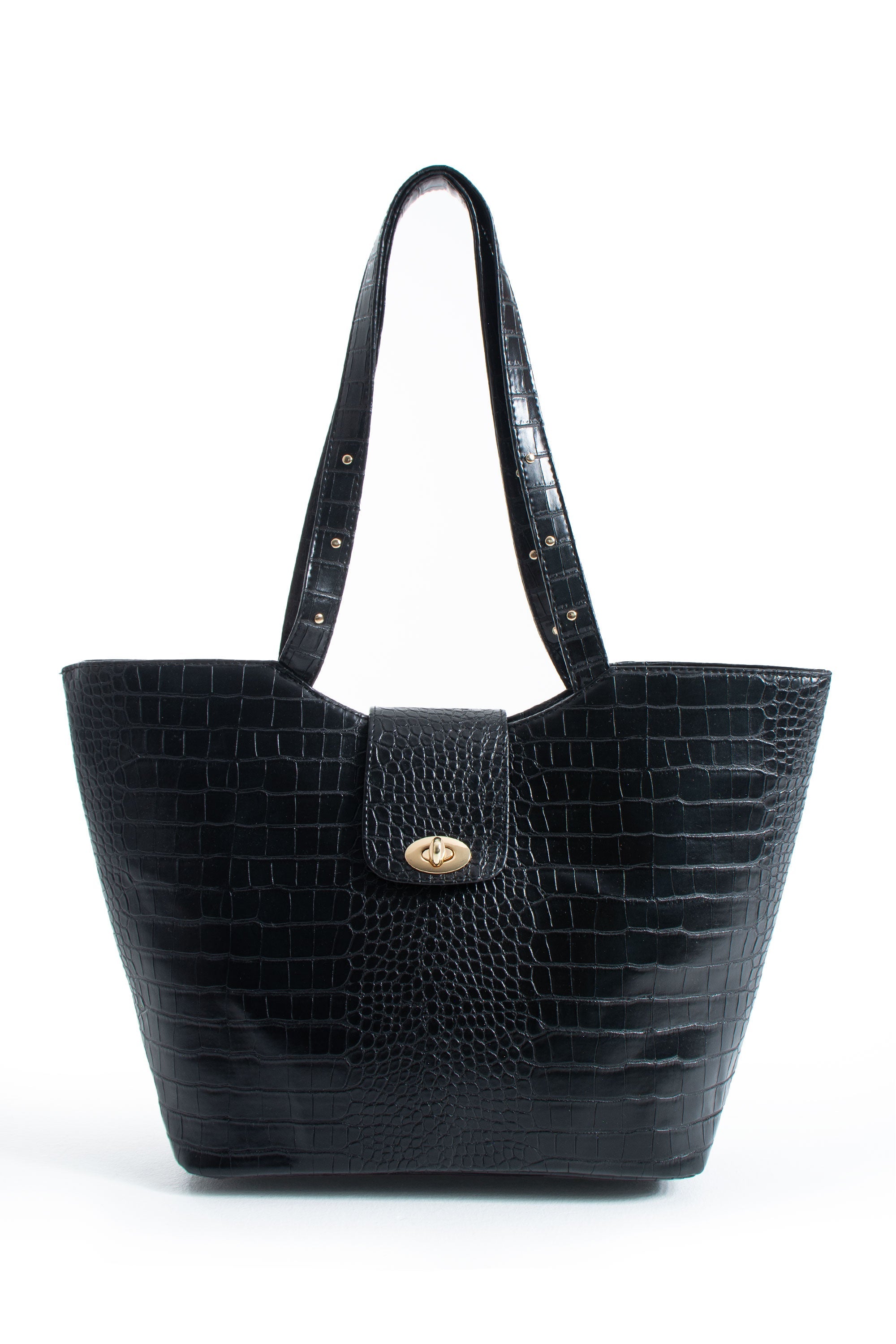 Texured Pu Leather Tote Bag with Matching Zipper Pouch 2PCS Set - Black