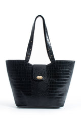 Texured Pu Leather Tote Bag with Matching Zipper Pouch 2PCS Set - Black