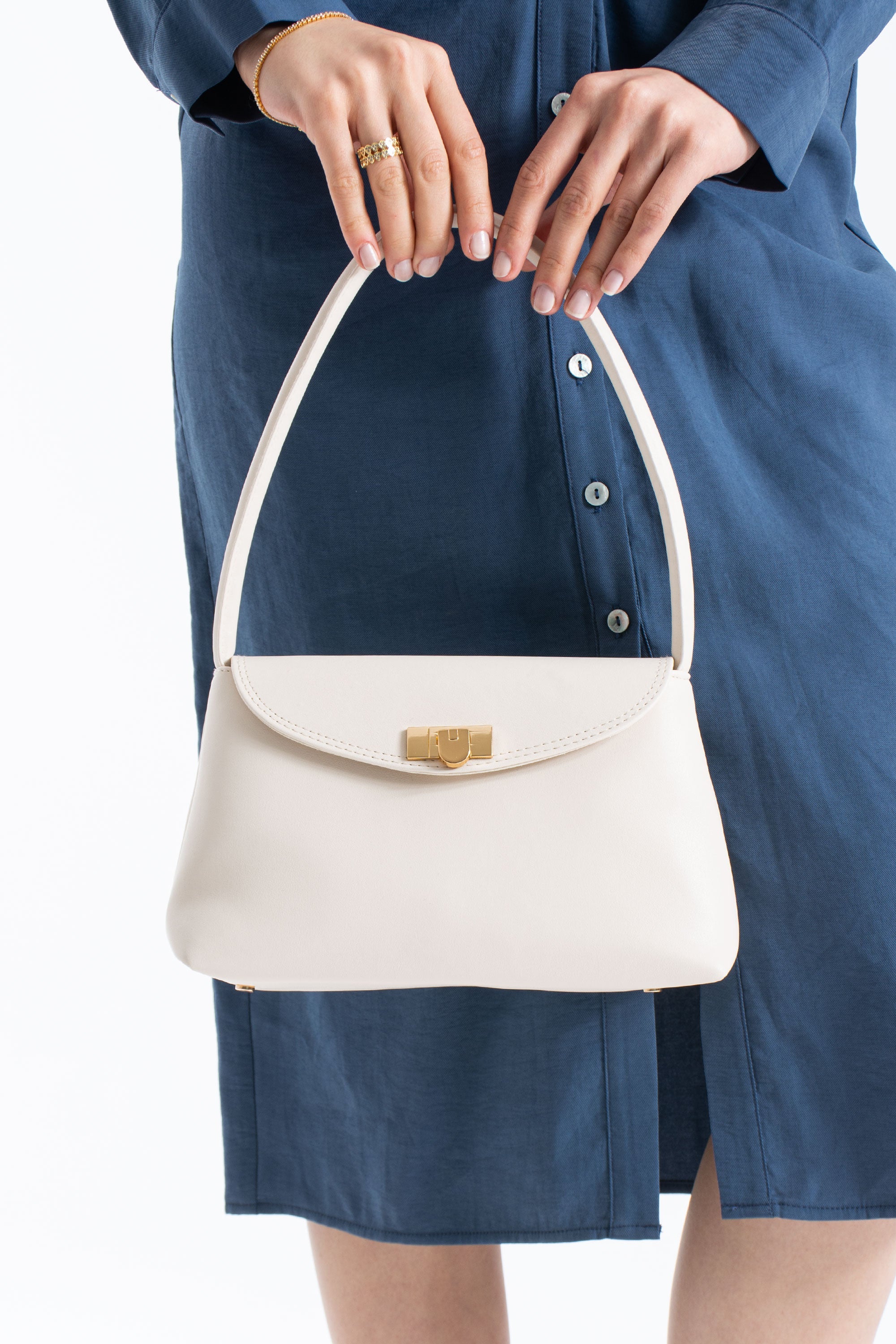 Pu Leather Flap Shoulder Bag - Cream
