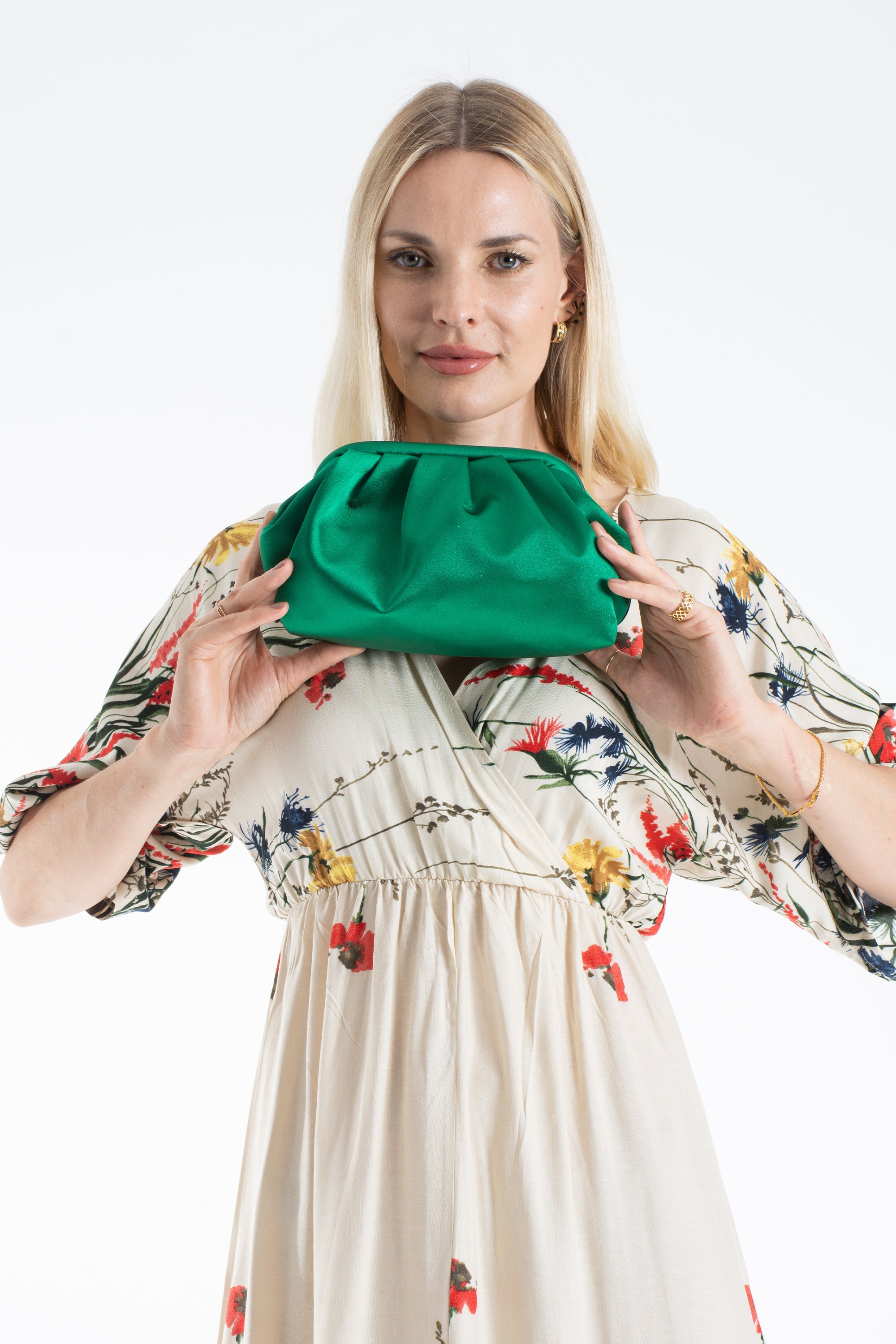 Satin Pouch Bag With Detachable Crossbody Strap - Green