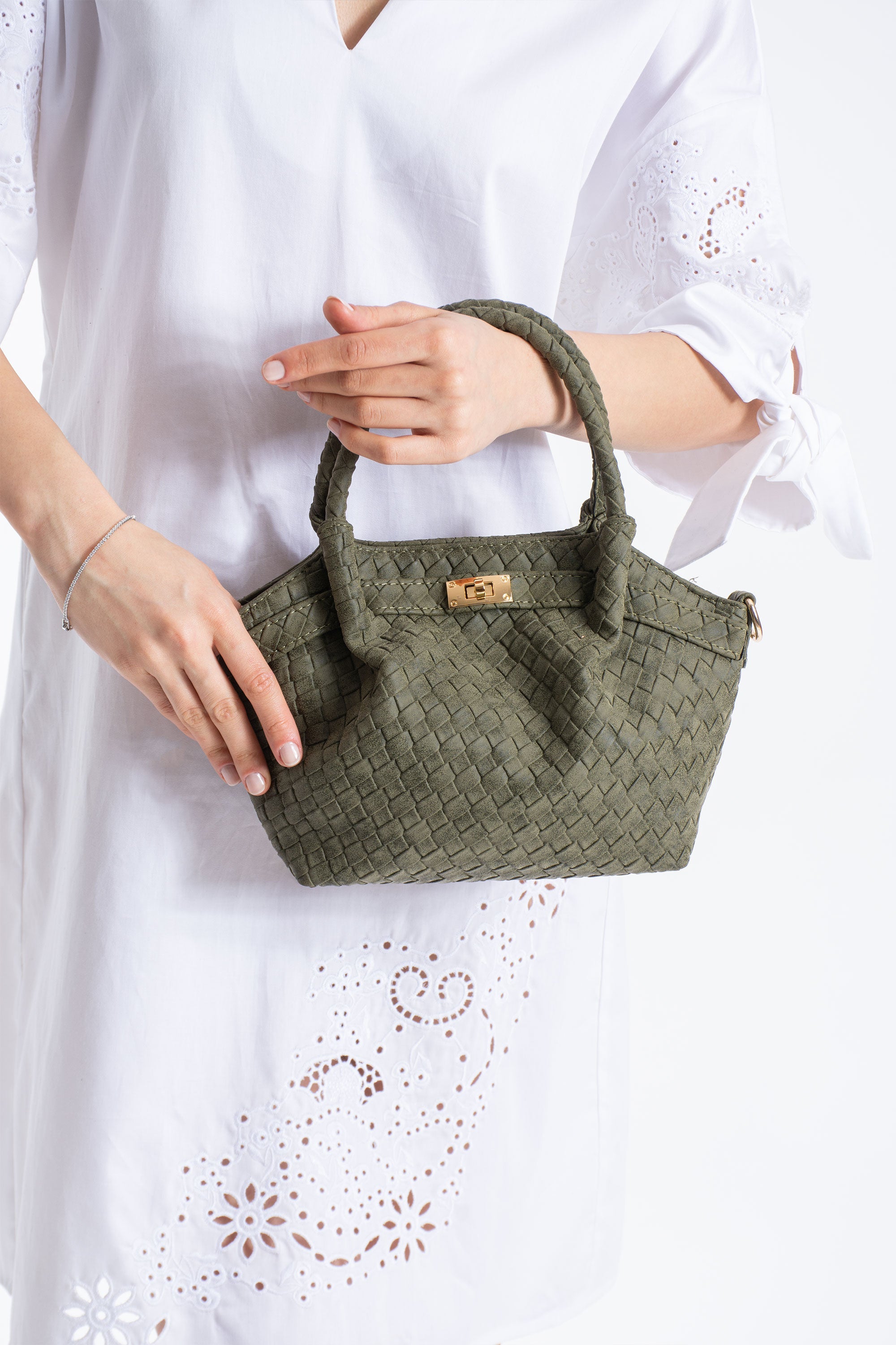 Woven Suede Top Handle Crossbody Bag with Twist Lock Detail - Khaki