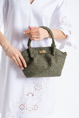Woven Suede Top Handle Crossbody Bag with Twist Lock Detail - Khaki