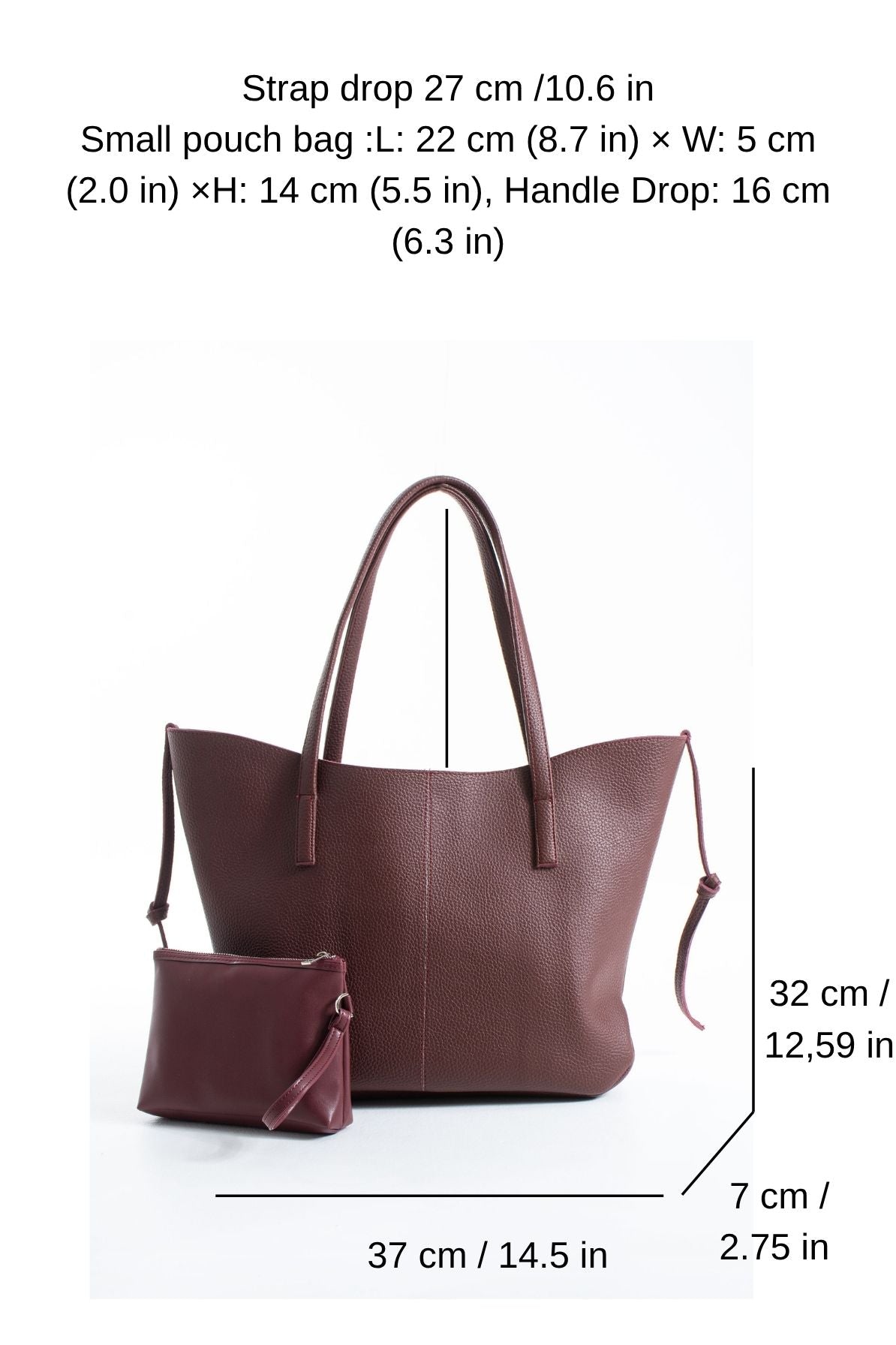 Grain Pu Leather Large Tote Bag with Matching Zipper Pouch  2PCS Set - Burgundy