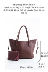 Grain Pu Leather Large Tote Bag with Matching Zipper Pouch  2PCS Set - Burgundy