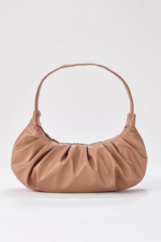 Pleated Pu Leather Shoulder Bag - Nude