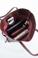 Pu Leather Large Tote Bag with Matching Zipper Pouch  2PCS Set - Burgundy