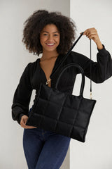 Quilted Pu Leather Tote Bag with Detachable Strap - Black