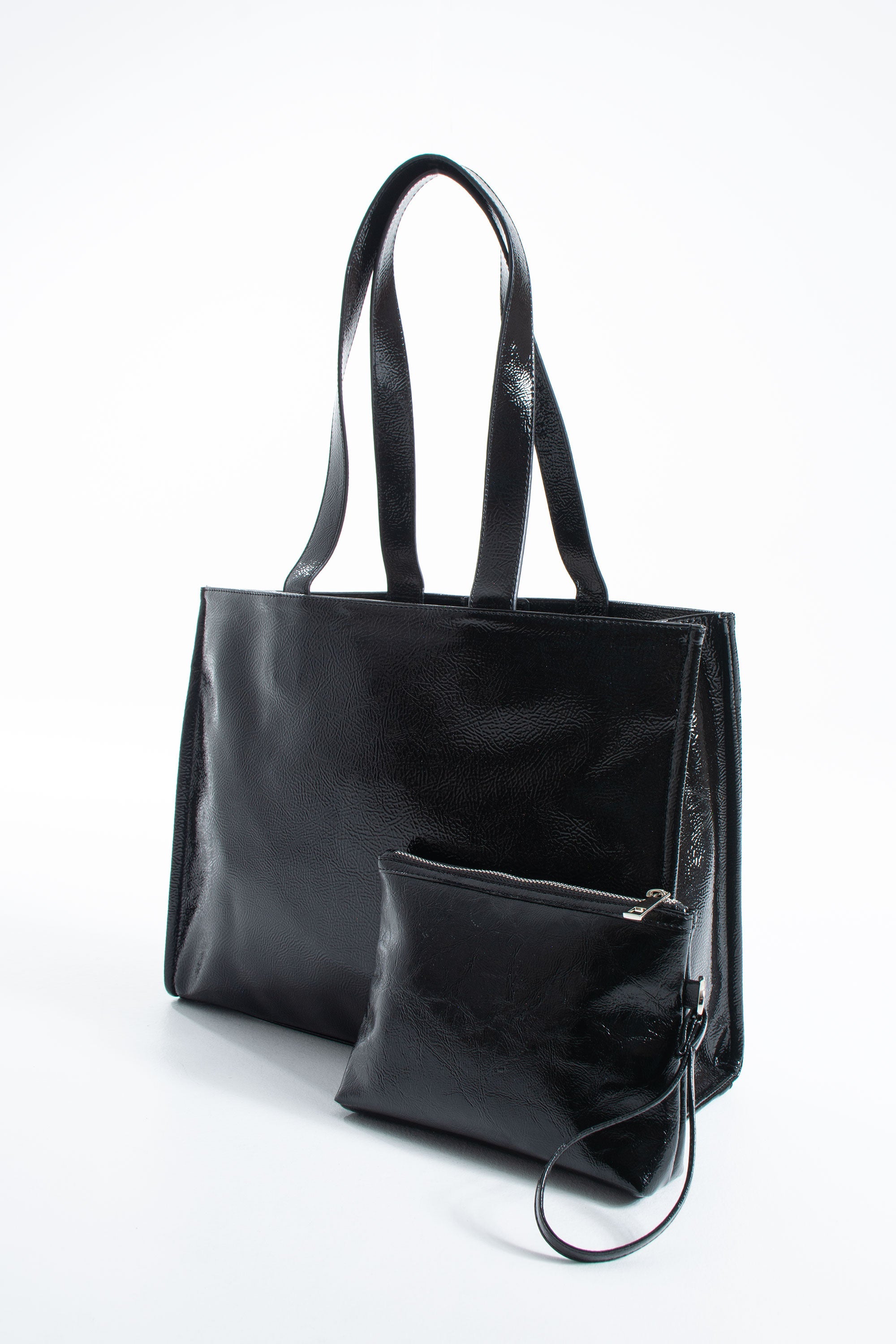 Crinkle Patent Tote Shoulder Bag - Black