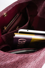 Woven Suede Slouchy Tote Bag with Matching Zipper Pouch 2PCS Set - Burgundy