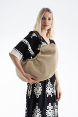 Woven PU Leather Slouchy Tote with Beaded Strap 2PCS Set - Cream