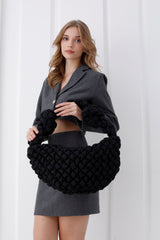 Puffy Quilted Lightweight Large Shoulder Bag - Black