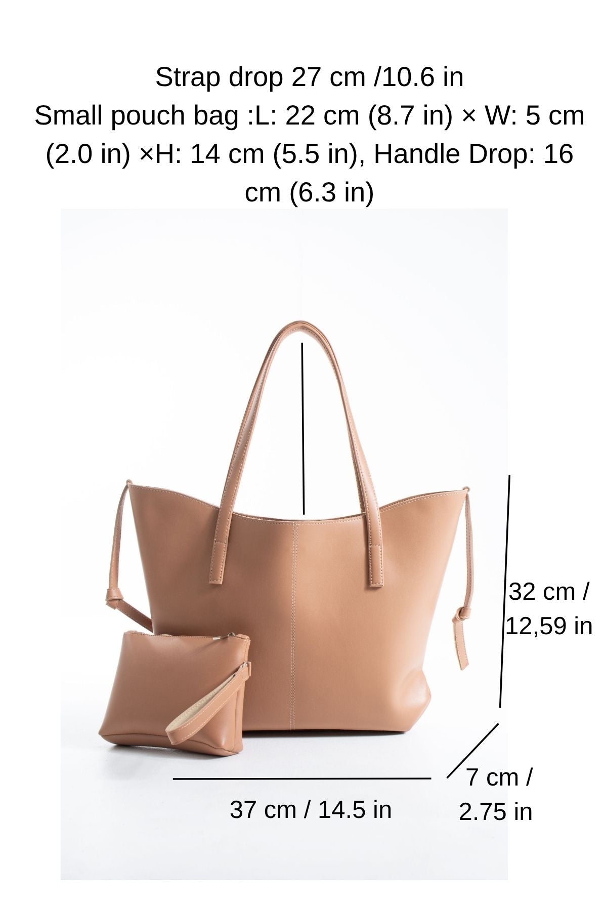 Pu Leather Large Tote Bag with Matching Zipper Pouch  2PCS Set - Nude