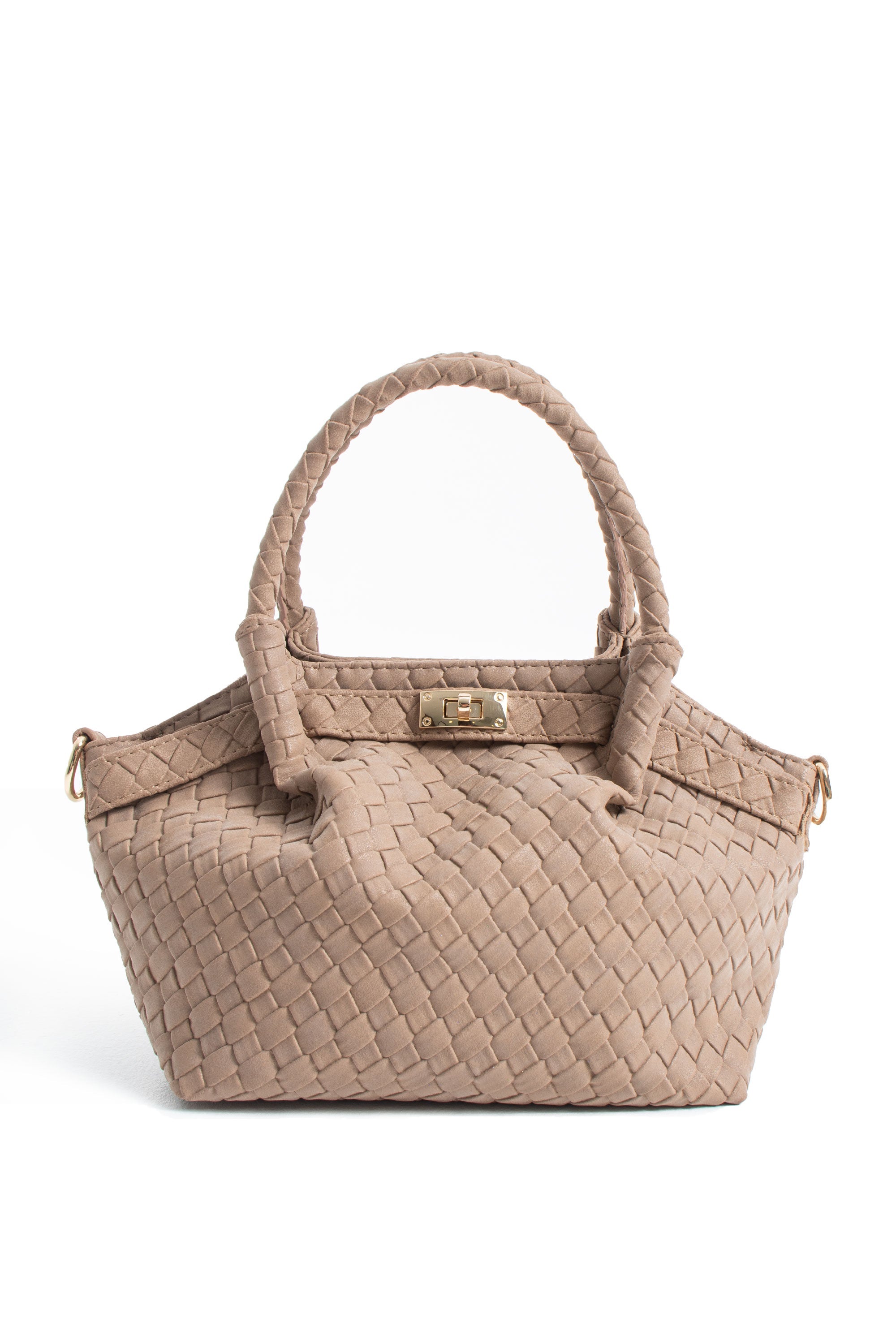 Woven Suede Top Handle Crossbody Bag with Twist Lock Detail - Beige