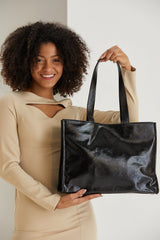 Crinkle Patent Tote Shoulder Bag - Black