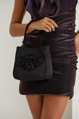 Floral Satin Handbag with Detachable Crossbody Strap - Black