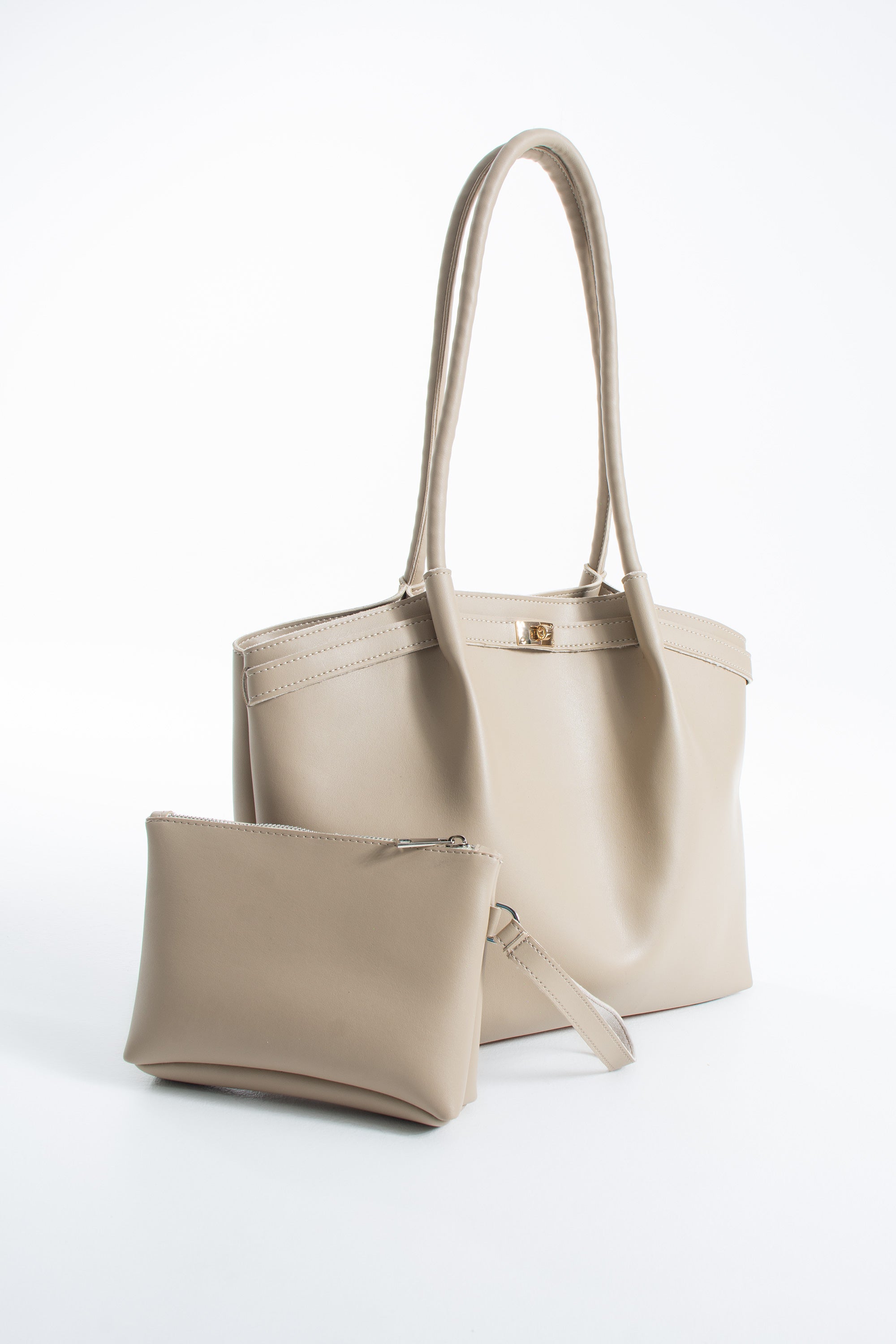 Large PU Leather Shopper Tote Bag with Matching Pouch - Beige