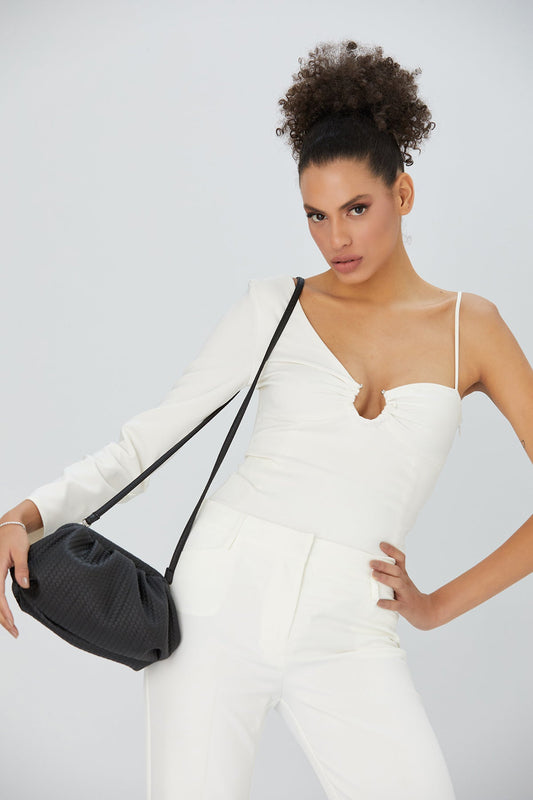 Textured Pu Leather Pouch Bag With Detachable Crossbody Strap - Black