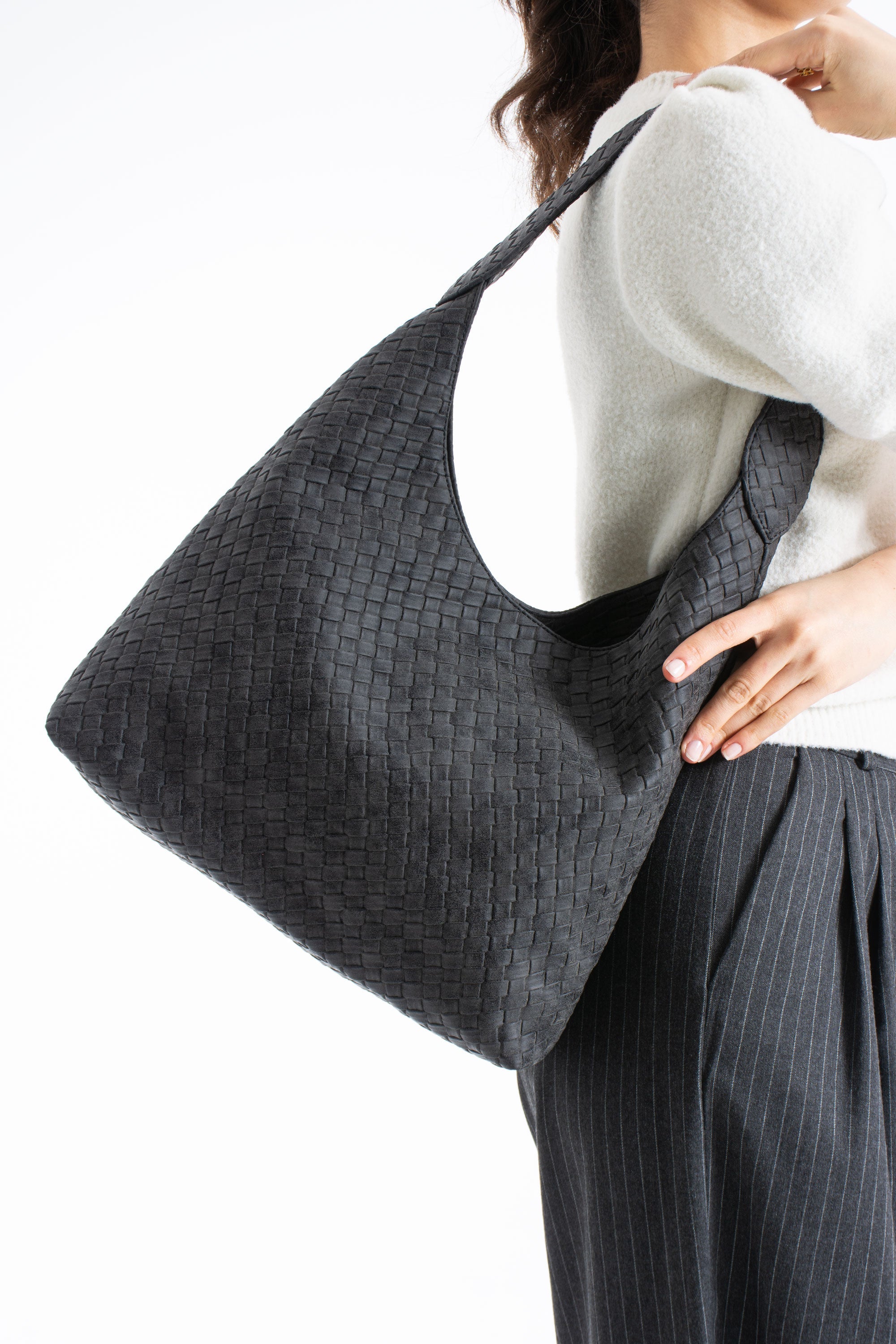Woven Suede Slouchy Tote Bag with Matching Zipper Pouch 2PCS Set - Black