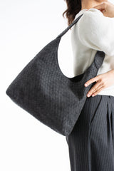 Woven Suede Slouchy Tote Bag with Matching Zipper Pouch 2PCS Set - Black