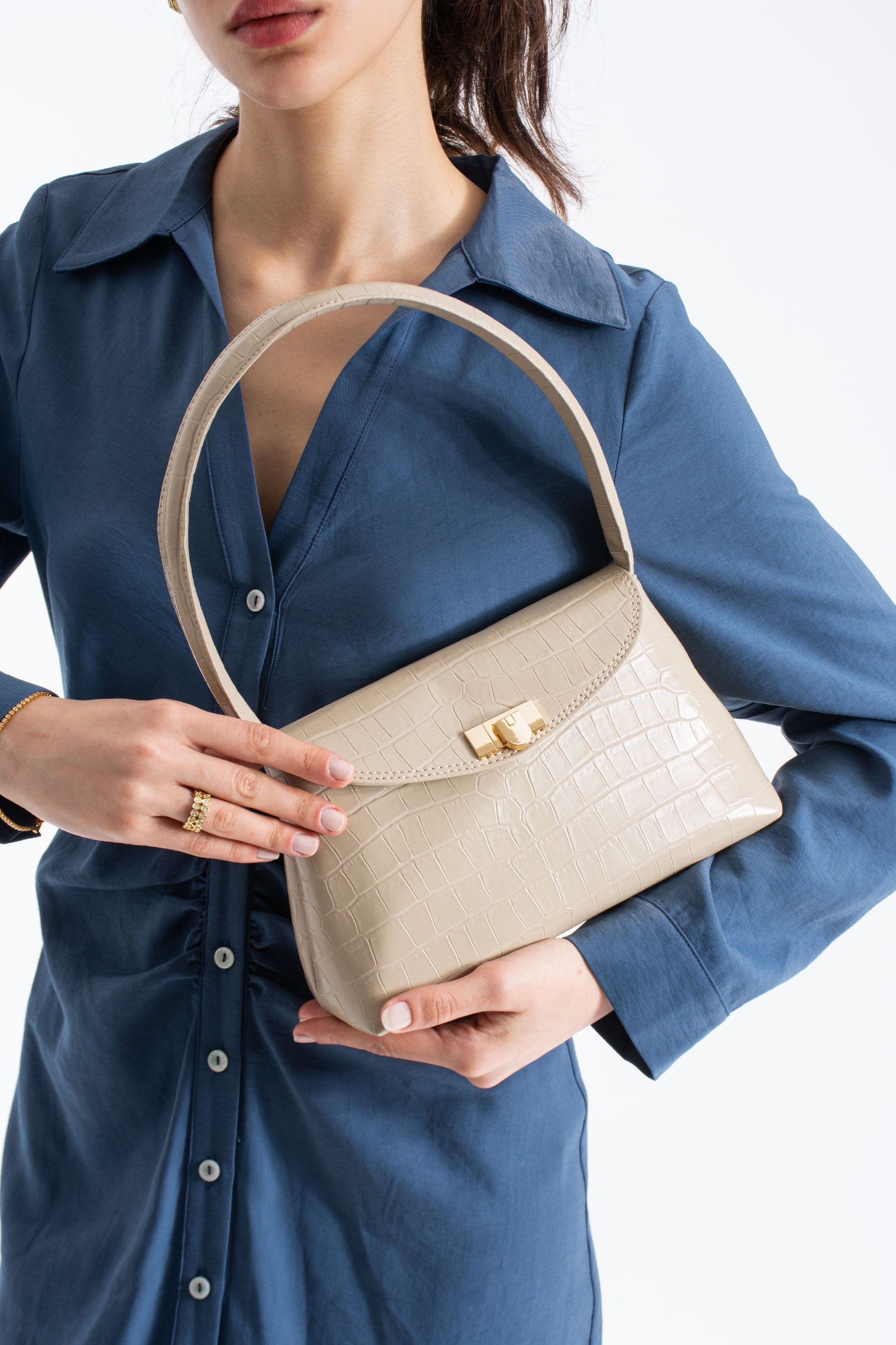 Croc Pu Flap Shoulder Bag - Beige