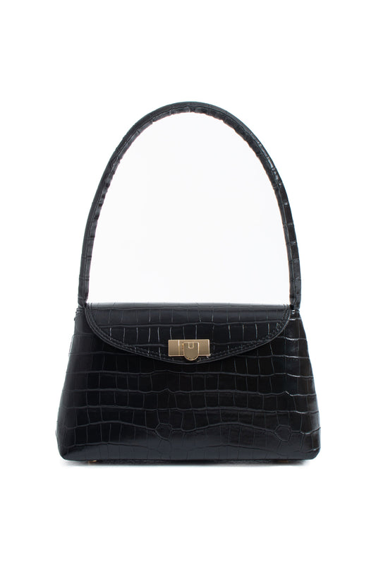 Croc Pu Flap Shoulder Bag - Black