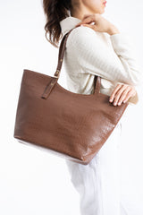 Textured  Pu Leather Tote Bag with Matching Zipper Pouch 2PCS Set - Brown