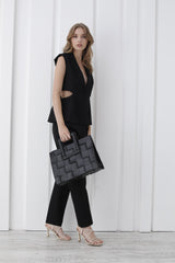 Braided Convertible Tote Bag with Detachable Crossbody Strap - Black