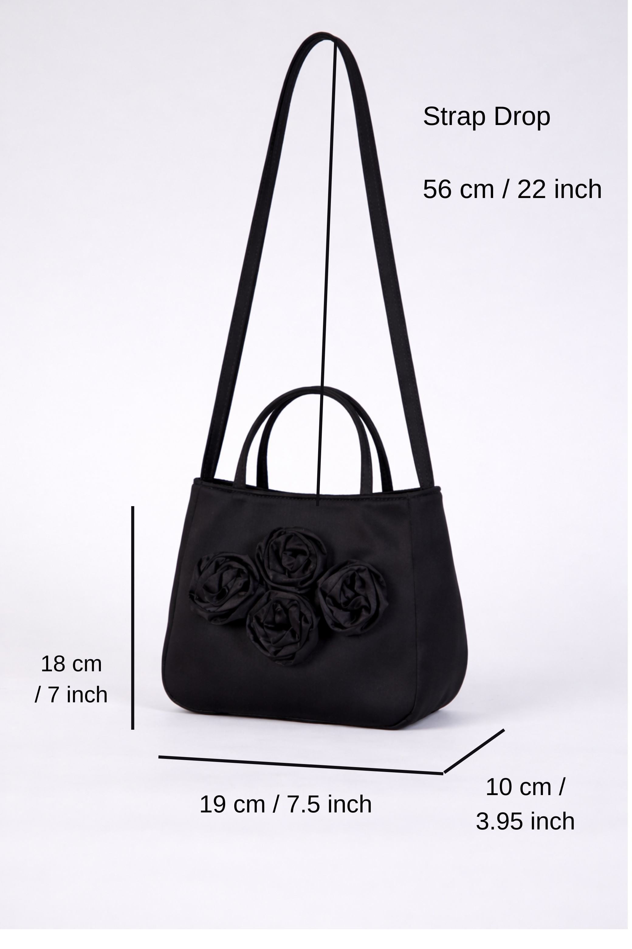 Floral Satin Handbag with Detachable Crossbody Strap - Black