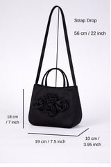 Floral Satin Handbag with Detachable Crossbody Strap - Black