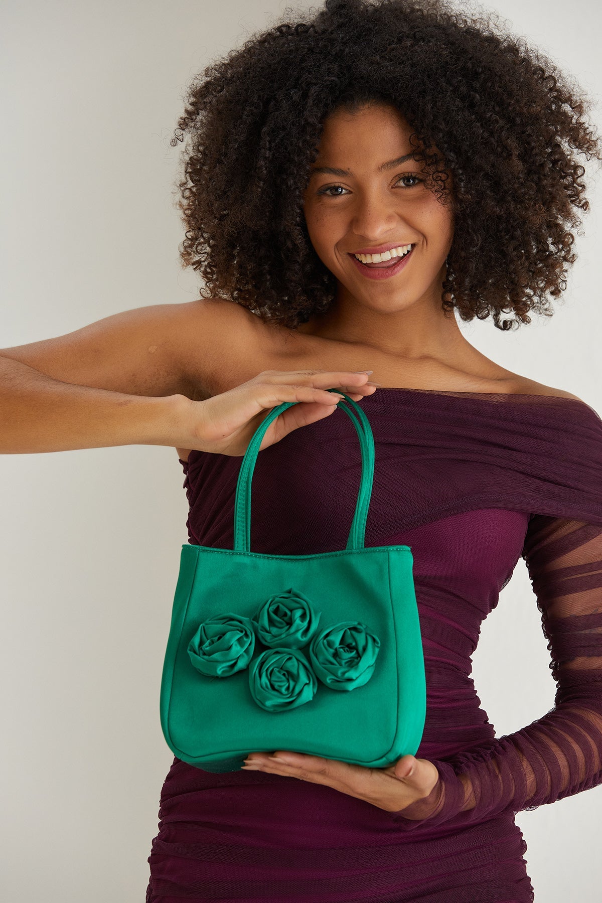 Floral Satin Handbag with Detachable Crossbody Strap - Green