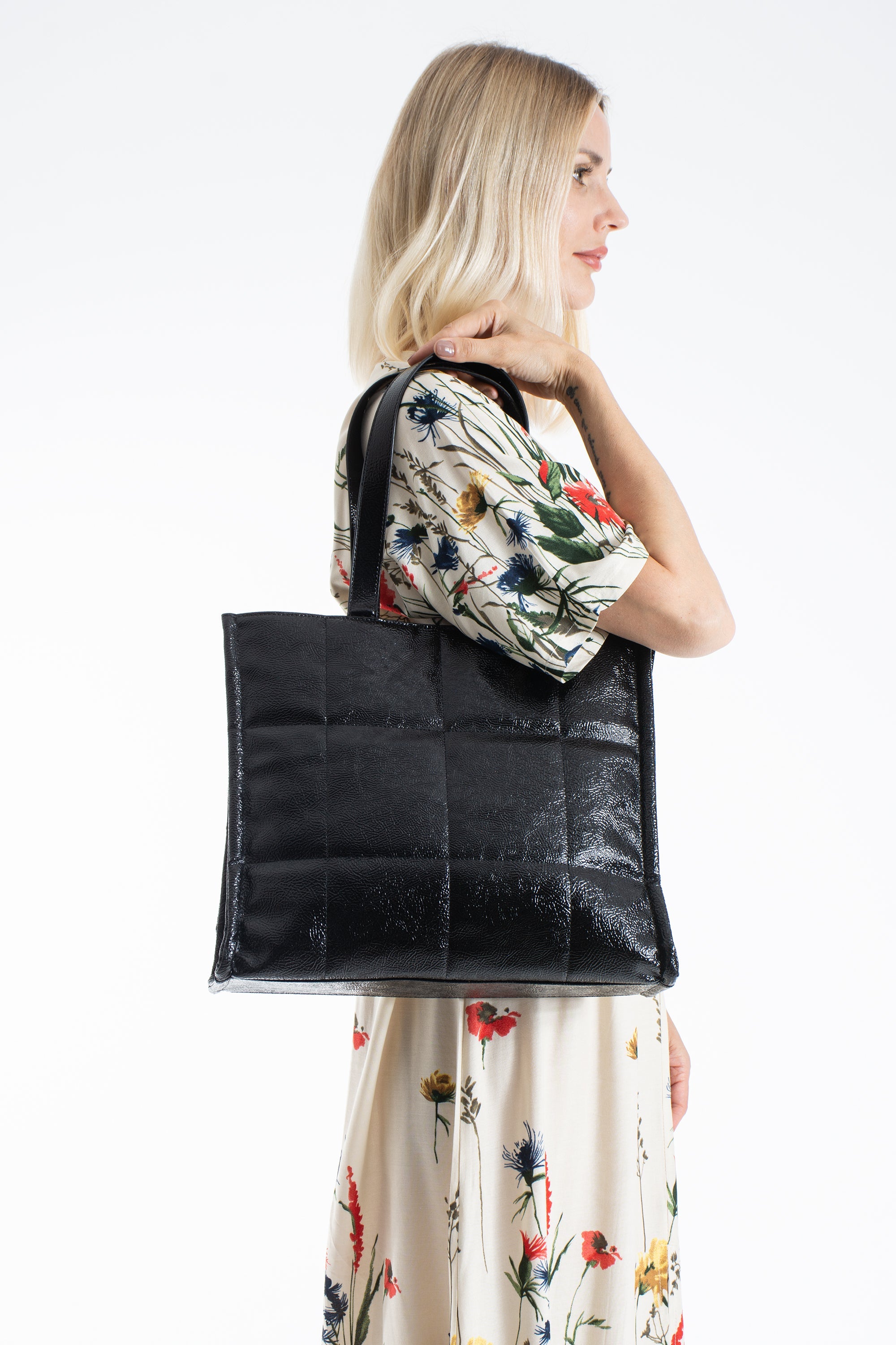 Quilted Crinkle Patent Pu Leather Tote Bag - Black