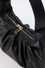 Pleated Pu Leather Shoulder Bag - Black